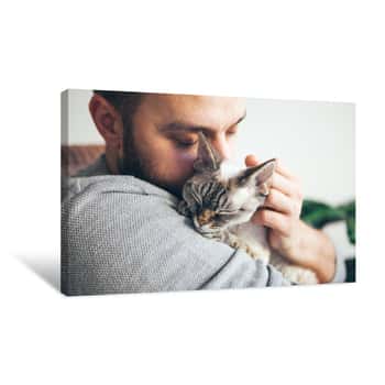 Image of Cat And Man, Portrait Of Happy Cat With Close Eyes And Young Beard Man  Handsome Young Man Is Hugging And Cuddling His Cute Color Point Devon Rex Kitten  Domestic Pets Concept Canvas Print