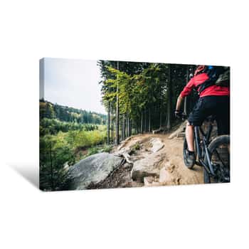 Image of Mountain Biker Riding Cycling In Autumn Forest Canvas Print
