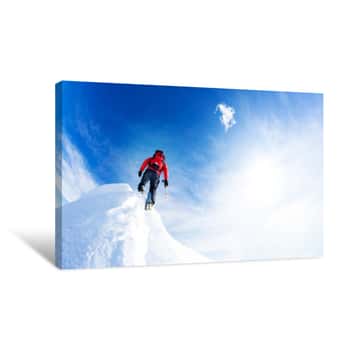 Image of Mountaineer Arrive At The Summit Of A Snowy Peak  Concepts: Dete Canvas Print