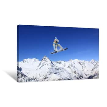Image of Flying Snowboarder On Mountains  Extreme Sport Canvas Print