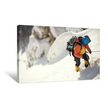 Image of Mountaineer Clinging To A Rope On A Steep Snow-covered Mountain Slope   Tilt-shift Effect Canvas Print