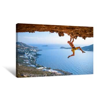 Image of Rock Climber At Scenic  Rocks  In Beautiful Golden Light On A Sunny Day Canvas Print