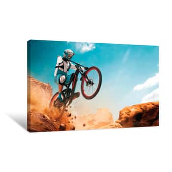 Image of Cyclist Riding A Bicycle  Downhill Canvas Print