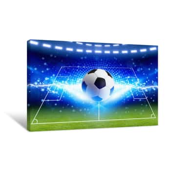 Image of Soccer Ball, Bright Blue Lightning, Green Football Field With Layout Canvas Print