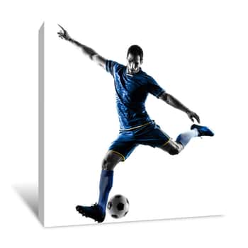 Image of One Caucasian Soccer Player Man Playing Kicking In Silhouette Isolated On White Background Canvas Print