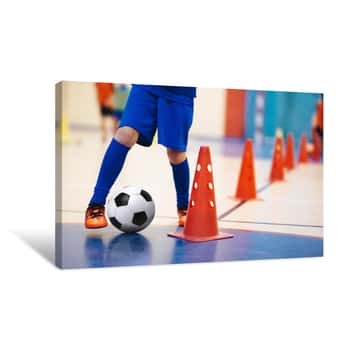 Image of Indoor Soccer Players Training With Balls  Indoor Soccer Sports Hall  Indoor Football Futsal Player, Ball, Futsal Floor And Red Cone  Futsal Training Dribbling Drill  Sports Background  Futsal League Canvas Print