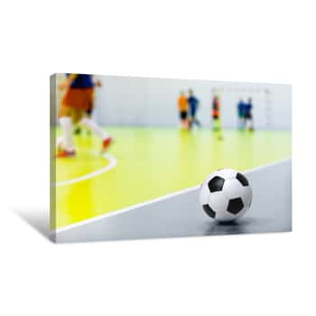 Image of Indoor Soccer Futsal Ball  Indoor Soccer Match In The Background  Indoor Soccer Sports Hall  Sports Background  Youth Futsal League  Classic Soccer Ball Canvas Print