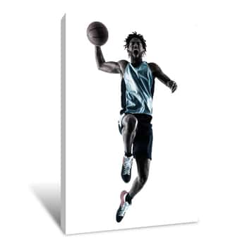 Image of One Afro-american African Basketball Player Man Isolated In Silhouette Shadow On White Background Canvas Print