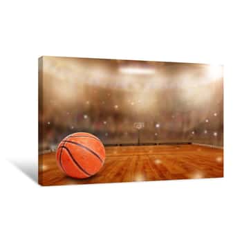 Image of Fictitious Basketball Arena With Ball On Court And Copy Space  Camera Flashes And Lens Flare Special Lighting Effect On Defocused Background Canvas Print