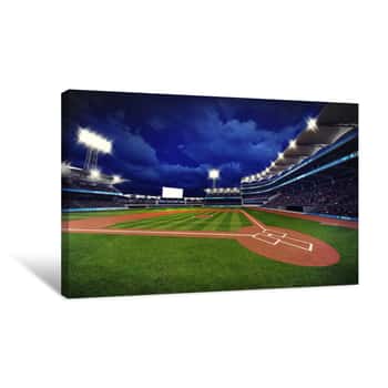 Image of Illuminated Modern Baseball Stadium With Spectators And Green Grass Canvas Print