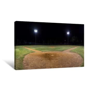 Image of Panorama Of Empty Baseball Field At Night From Behind Home Pate Canvas Print