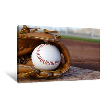 Image of Baseball & Glove On Baseball Field Canvas Print
