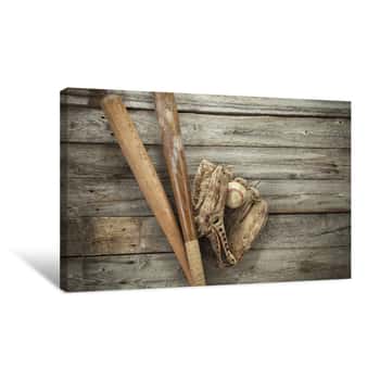 Image of Old Baseball With Mitt And Bats On Rough Wood Canvas Print