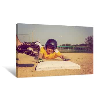 Image of Youth Baseball Playing Sliding Back To Base Canvas Print