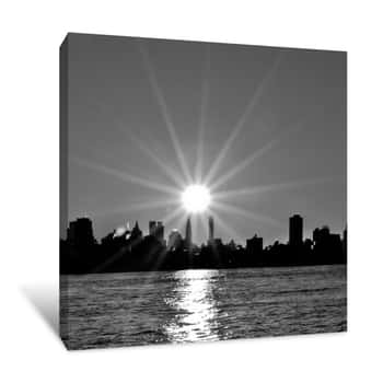 Image of Grayscale New York Harbor Cityscape with Beaming Sun Canvas Print