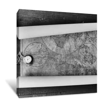 Image of Black And White Vintage Pocket Watch & Map Canvas Print
