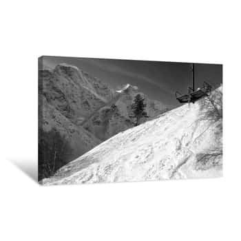 Image of Black And White View On Old Chair Lift And Off-piste Ski Slope Canvas Print