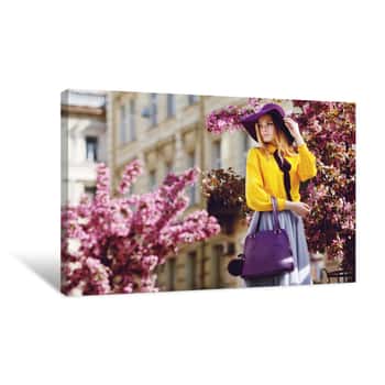 Image of Outdoor Portrait Of Young Beautiful Girl Posing In Street  Model Wearing Stylish Hat, Shirt, Skirt, Holding Purple Bag, Handbag  City Lifestyle  Female Fashion Concept  Copy, Empty Space For Text Canvas Print