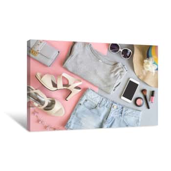 Image of Fashion Summer Women Clothes Set With Cosmetics And Accessories Canvas Print