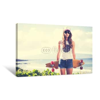 Image of Hipster Girl With Skate Board Wearing Sunglasses Canvas Print