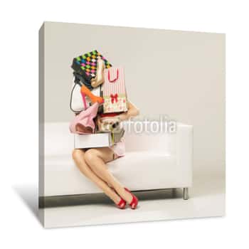 Image of Photo Of The Woman With The Wall Of The Shopping Canvas Print