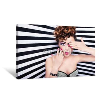 Image of Beautiful Young Woman Glam Rock Style Fashion And Make Up Canvas Print