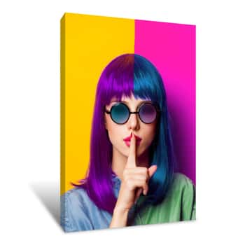 Image of Young Girl With Purple Hair And Sunglasses Canvas Print