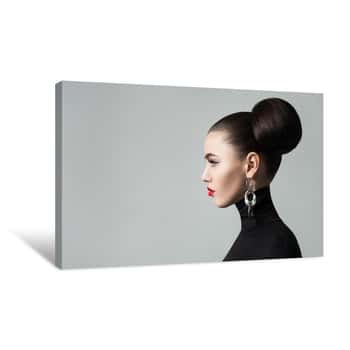 Image of Fashion Portrait Of Elegant Young Woman With Hair Bun Hairstyle And Eyeliner Make Up  Cute Female Model Wearing Black Roll Neck Jersey, Profile Portrait Canvas Print