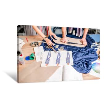 Image of Cutting Blue Fabric On The Table Full Of Tailoring Tools  Close-up View On The Hands, Fabric And Fashion Drawings Canvas Print