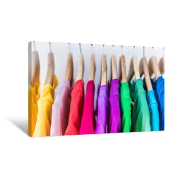 Image of Fashion Clothes On Clothing Rack - Bright Colorful Closet  Closeup Of Rainbow Color Choice Of Trendy Female Wear On Hangers In Store Closet Or Spring Cleaning Concept  Summer Home Wardrobe Canvas Print