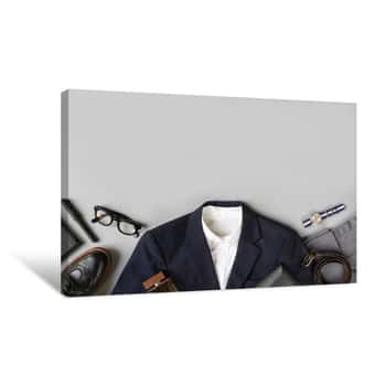 Image of Top View Of Business Clothing, Set Of Classic Fashion And Accessories With Copy Space On Grey Background Canvas Print