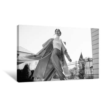 Image of Young Beautiful Stylish Woman Walking In Street In Blue Coat, Autumn Fashion Trend, Smiling, Happy Canvas Print