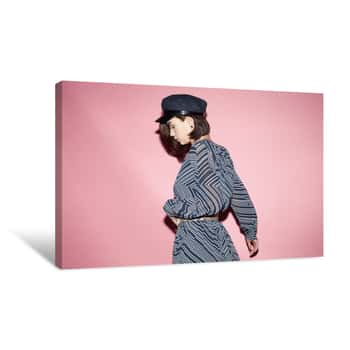 Image of Fashionable Woman In Black Dress On Pink Background Canvas Print