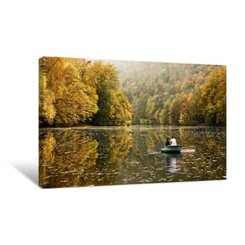 Image of Boats In A Lake During Autumn Canvas Print