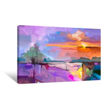 Image of Abstract Oil Painting Landscape Background  Artwork Modern Oil Painting Outdoor Landscape  Semi- Abstract Of Tree, Hill With Sunlight (sunset), Colorful Yellow - Purple Sky  Beauty Nature Background Canvas Print