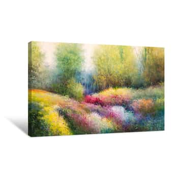 Image of Oil Canvas Painting: Spring Meadow With Colorful Flowers And Tre Canvas Print