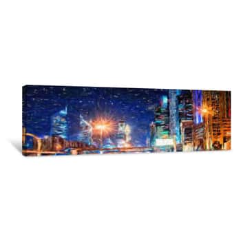 Image of Oil Painting On Canvas Modern City And Scyscrapers Fine Contemporary Print Art  Mixed Media Digital Drawing  View Of Dubai City In OAE  Colorful Big Town Scene For Wall Poster, Postcard, Stationary Canvas Print