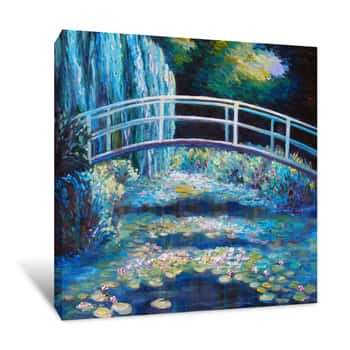 Image of Original Oil Painting On Canvas - Bridge Through A Pond With Water Lilies Canvas Print
