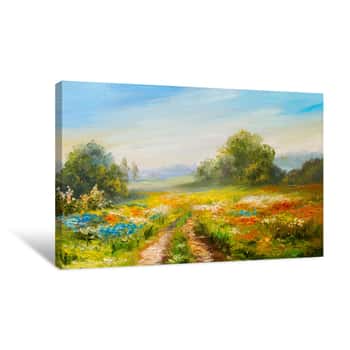 Image of Oil Painting Landscape, Colorful Field Of Flowers, Abstract  Impressionism Canvas Print