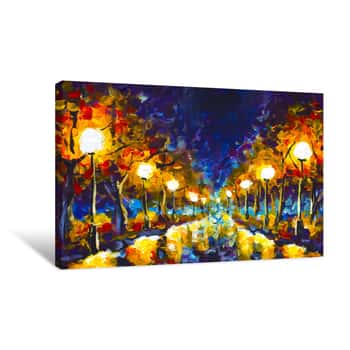 Image of Original Expressionism Oil Painting Evening Park Cityscape, Beautiful Reflection On Wet Asphalt On Canvas  Abstract Violet-orange Lonely Night Park  Palette Knife Artwork  Impressionism  Art Canvas Print