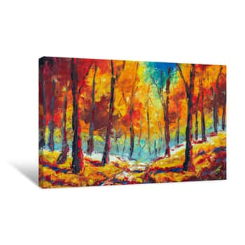 Image of Autumn Impressionism Oil Painting Landscape Paint Art  Gold Orange Autumn Tree Park Alley Forest Wood With Blue Sky Canvas Print
