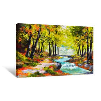 Image of Oil Painting Landscape - River In Autumn Forest Canvas Print