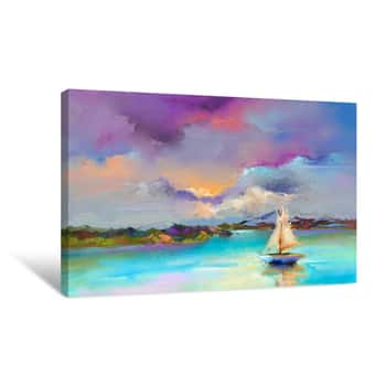 Image of Colorful Oil Painting On Canvas Texture  Impressionism Image Of Seascape Paintings With Sunlight Background  Modern Art Oil Paintings With Boat, Sail On Sea  Abstract Contemporary Art For Background Canvas Print