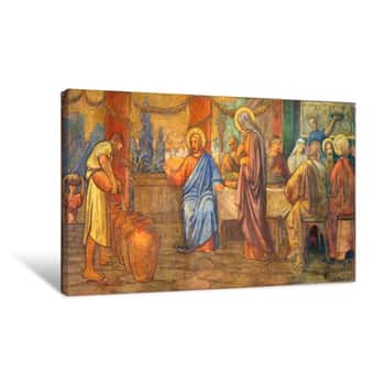 Image of PRAGUE, CZECH REPUBLIC - OCTOBER 13, 2018:  The Fresco Of The Wedding At Cana In Church Kostel Svatého Václava By S  G  Rudl (1900) Canvas Print