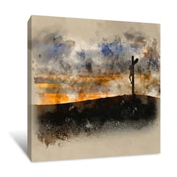 Image of Watercolour Painting Of Jesus Christ Crucifixion On Good Friday Silhouette Reflected In Lake Water Canvas Print