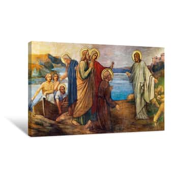 Image of PRAGUE, CZECH REPUBLIC - OCTOBER 13, 2018: The Fresco Of Miracle Fishing Jesus In Church Kostel Svatého Václava By S  G  Rudl (1900) Canvas Print