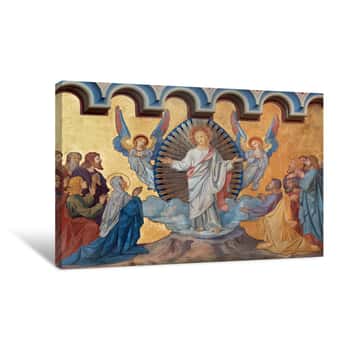 Image of PRAGUE, CZECH REPUBLIC - OCTOBER 17, 2018: The Fresco Of Ascension Of The Lord The In Church Kostel Svatého Cyrila Metodeje By  František Sequens (sc  Half Of 19  Cent ) Canvas Print