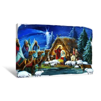 Image of Religious Illustration Three Kings - And Holy Family - Traditional Scene - Illustration For Children Canvas Print