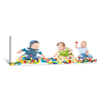 Image of Children Play Blocks Toys, Kids Group Playing Colorful Building Bricks, Babies Isolated Over White Background Canvas Print