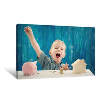 Image of Two Years Old Child Sitting On The Floor And Putting A Coin Into A Piggybank Canvas Print